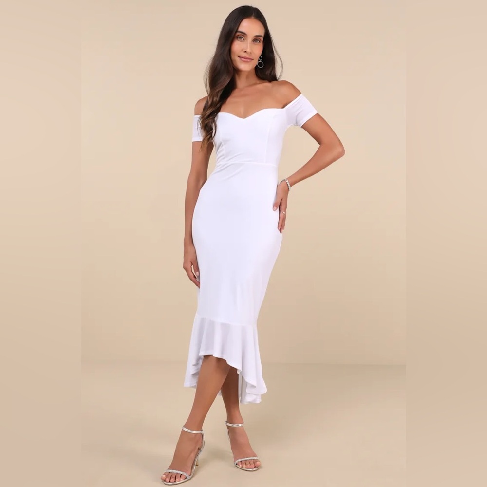 New Lulus How Much I Care White Velvet Off-the-Shoulder Midi Dress Size M - Picture 1 of 4